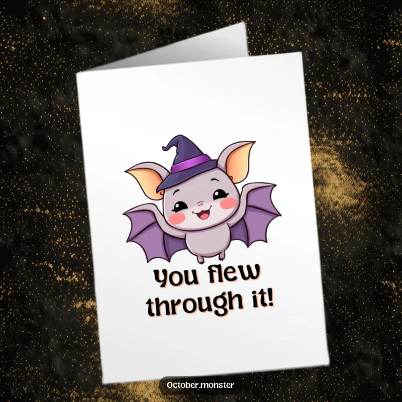 Funny Free Printable Congratulations Card: A joyful bat in a witch hat, flapping wings in celebration of an achievement.