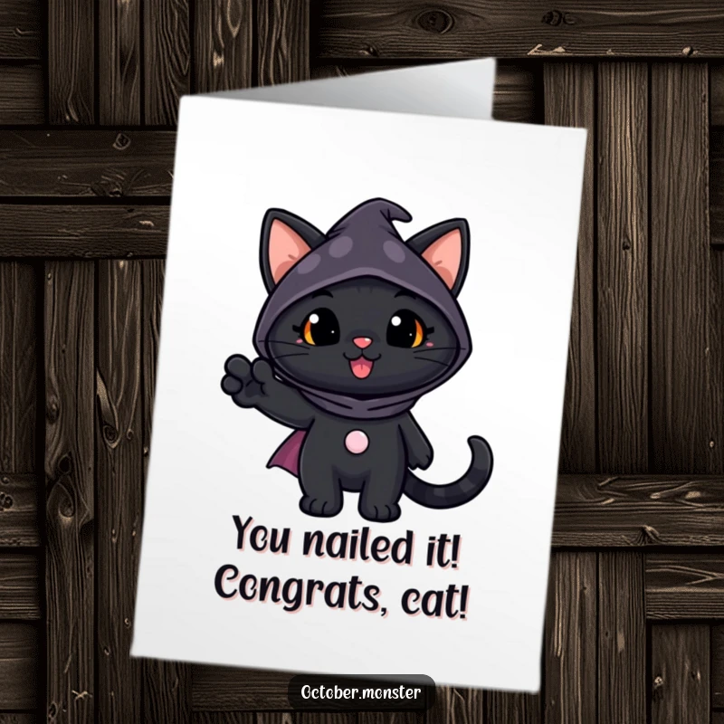 Funny free printable congratulations card featuring a cheerful black cat in a spooky costume waving a paw, ideal for celebrating wins.