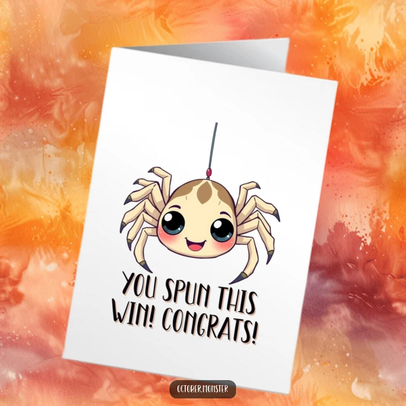 Funny free printable congratulations card featuring a playful spider with many eyes dangling from a web, ideal for celebrating wins.