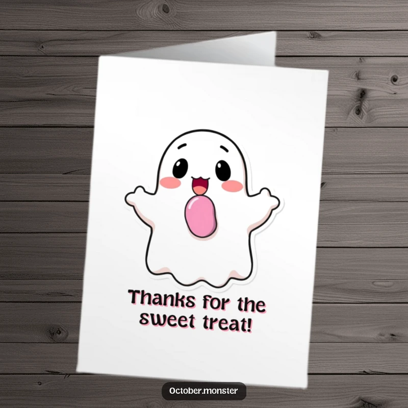 Funny Free Printable Thank You Card: A happy ghost with candy, bobbing cheerfully to show immense gratitude for a sweet gesture.