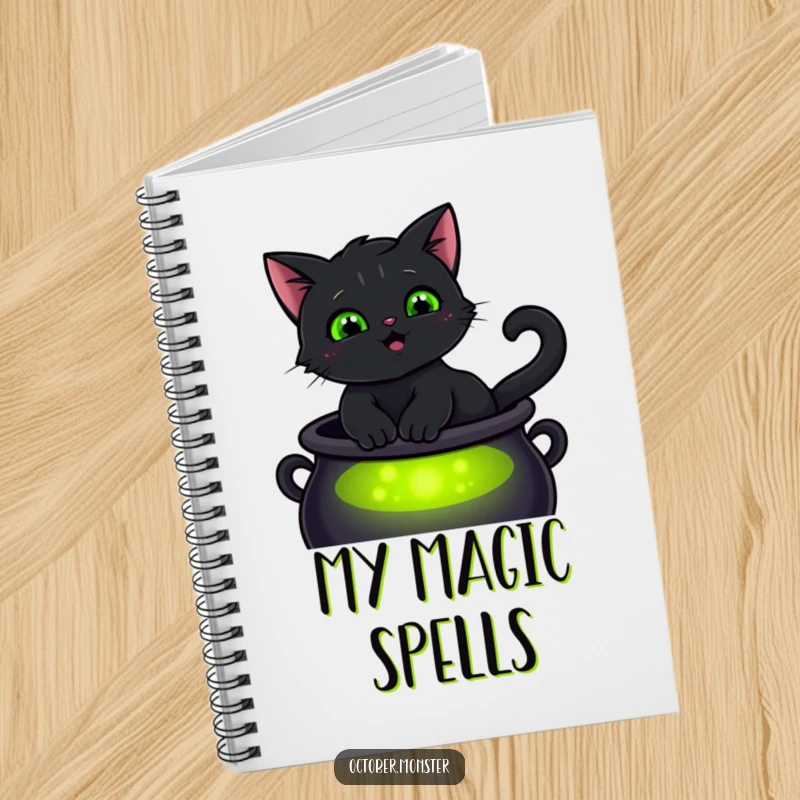 Funny smiling black cat with glowing green eyes, sitting on a cauldron, on a lined notebook, for magical note-taking.