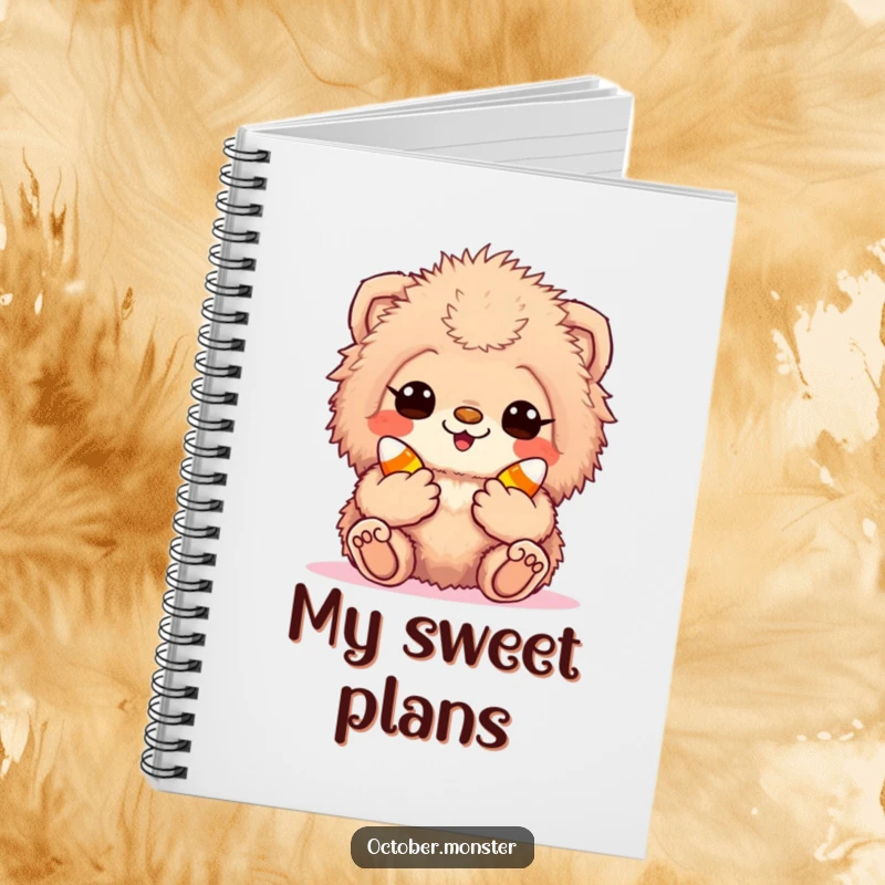 Funny candy corn creature notebook with an excited, fuzzy animal holding candy corn, perfect for jotting down sweet ideas.