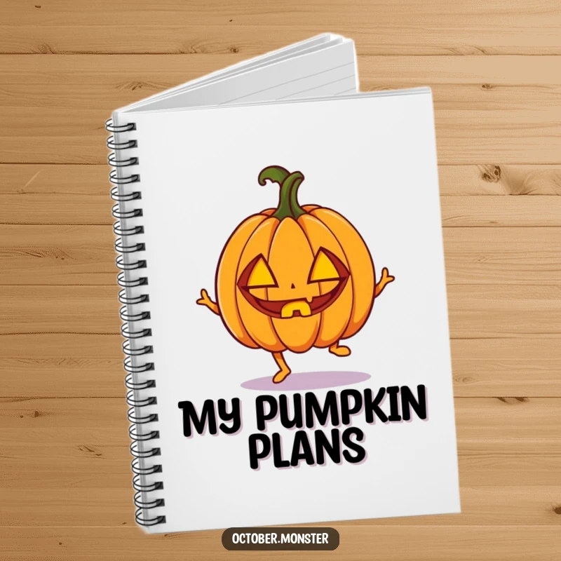 Funny enthusiastic pumpkin with carved eyes, doing a little hop, on a lined notebook, for energetic note-taking.