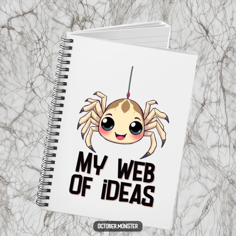 Funny Spider Notebook featuring a playful spider with many eyes, humorously dangling from a web, perfect for jotting down creative ideas.
