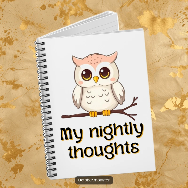 Funny chirping owl with glowing eyes perched on a cobweb, on a lined notebook, for wise note-taking.