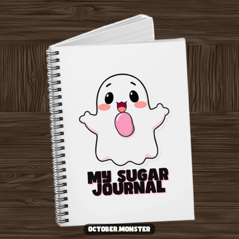 Funny happy ghost with candy in its mouth, cheerfully bobbing, on a lined notebook, for sweet note-taking.