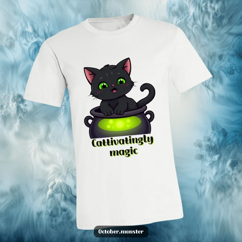 Funny smiling black cat with glowing green eyes, sitting on a cauldron, on a soft t-shirt, showcasing magical feline presence.