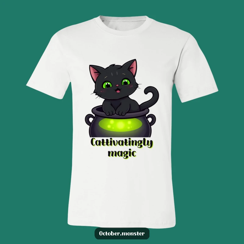 Funny Black Cat Cauldron T-Shirt - Glowing Eyes Halloween Gift