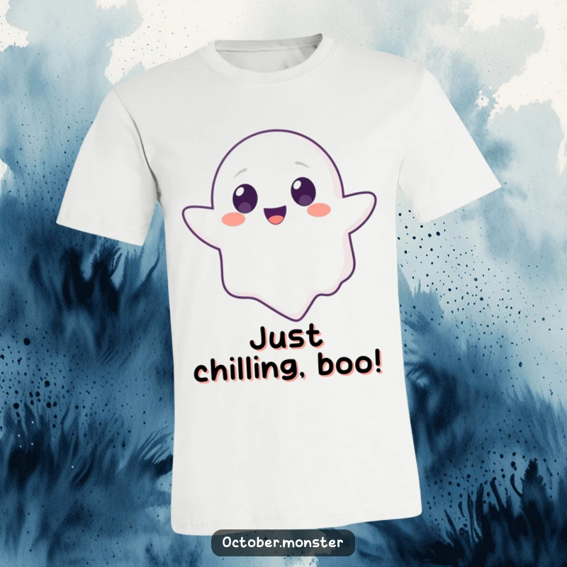 Funny Ghost Animal T-Shirt showcasing a cute, round-eyed ghost character joyfully suspended in mid-air, a symbol of lighthearted fun.
