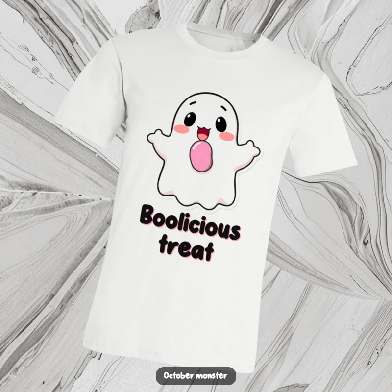 Funny happy ghost with candy in its mouth, cheerfully bobbing, on a soft t-shirt, celebrating sweet Halloween joy.
