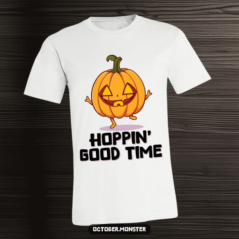 Funny enthusiastic pumpkin with carved eyes, doing a little hop, on a soft t-shirt, embodying Halloween enthusiasm.