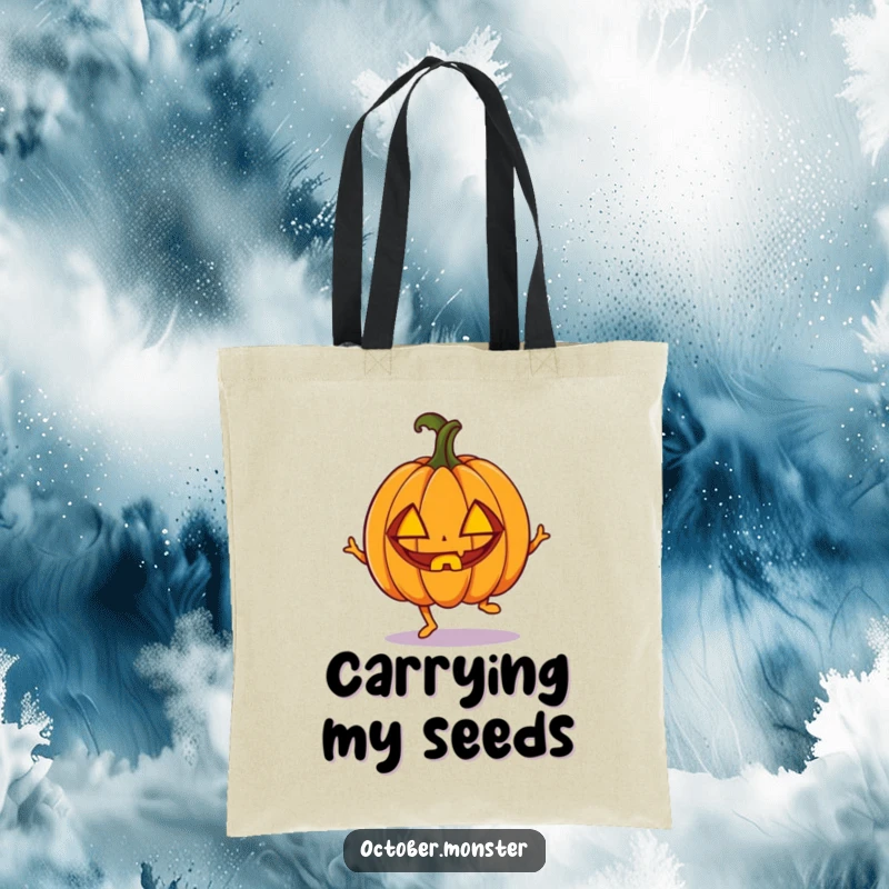 Funny enthusiastic pumpkin with carved eyes, doing a little hop, on a durable tote bag, for carrying Halloween spirit.