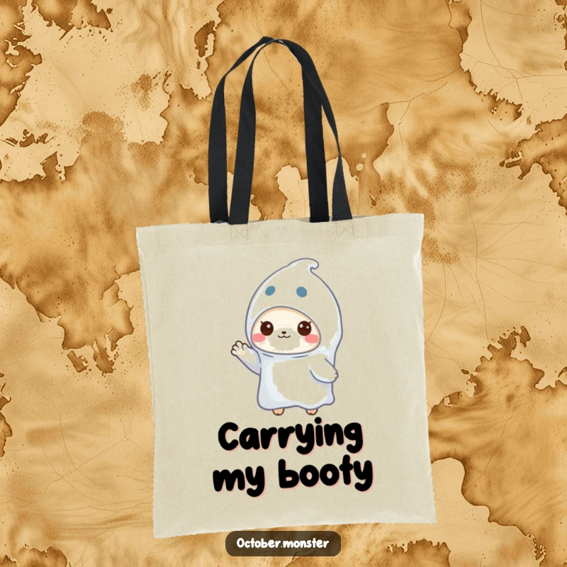 Funny ghost animal tote bag featuring a small, friendly creature in a ghost outfit waving hello, great for everyday use.
