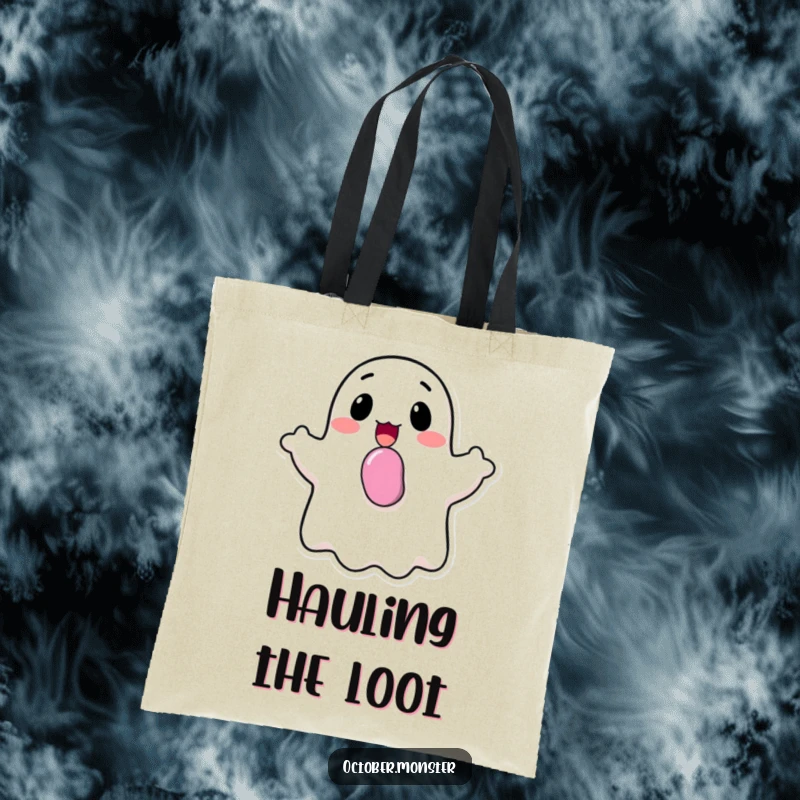 Funny happy ghost with candy in its mouth, cheerfully bobbing, on a durable tote bag, ideal for Halloween haul.