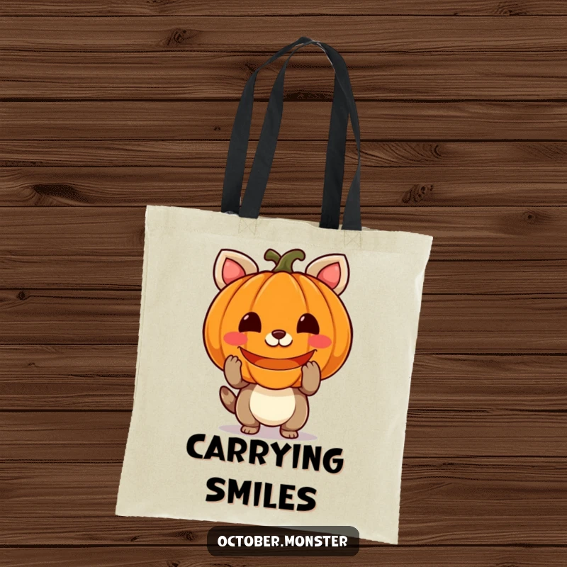Funny pumpkin animal tote bag featuring a happy creature holding a carved jack-o'-lantern with a glowing face, perfect for shopping.