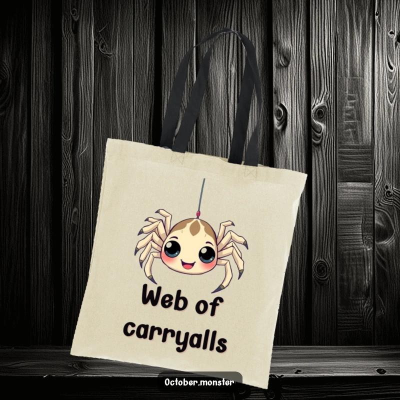 Funny Spider Tote Bag with a playful, multi-eyed spider dangling from a web, a humorous and practical accessory for daily use.